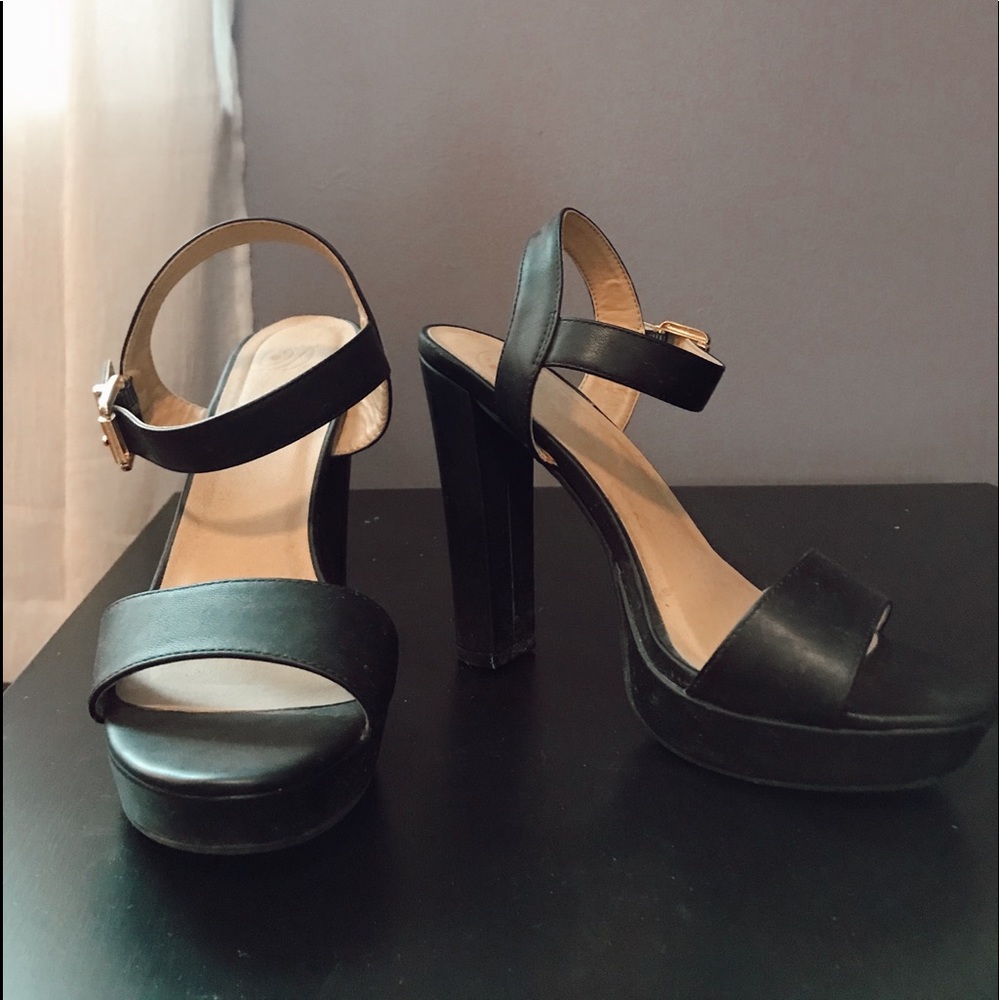 Heart in D Black Ankle Strap Chunky Heels